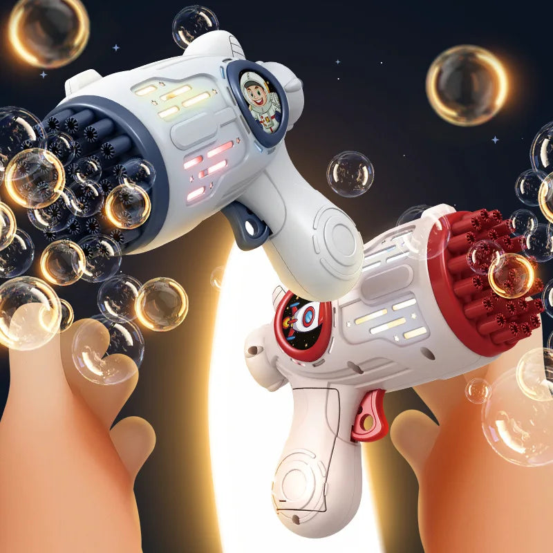 A white electric bubble gun with a red nozzle is shown firing bubbles, held by a hand against a dark background.