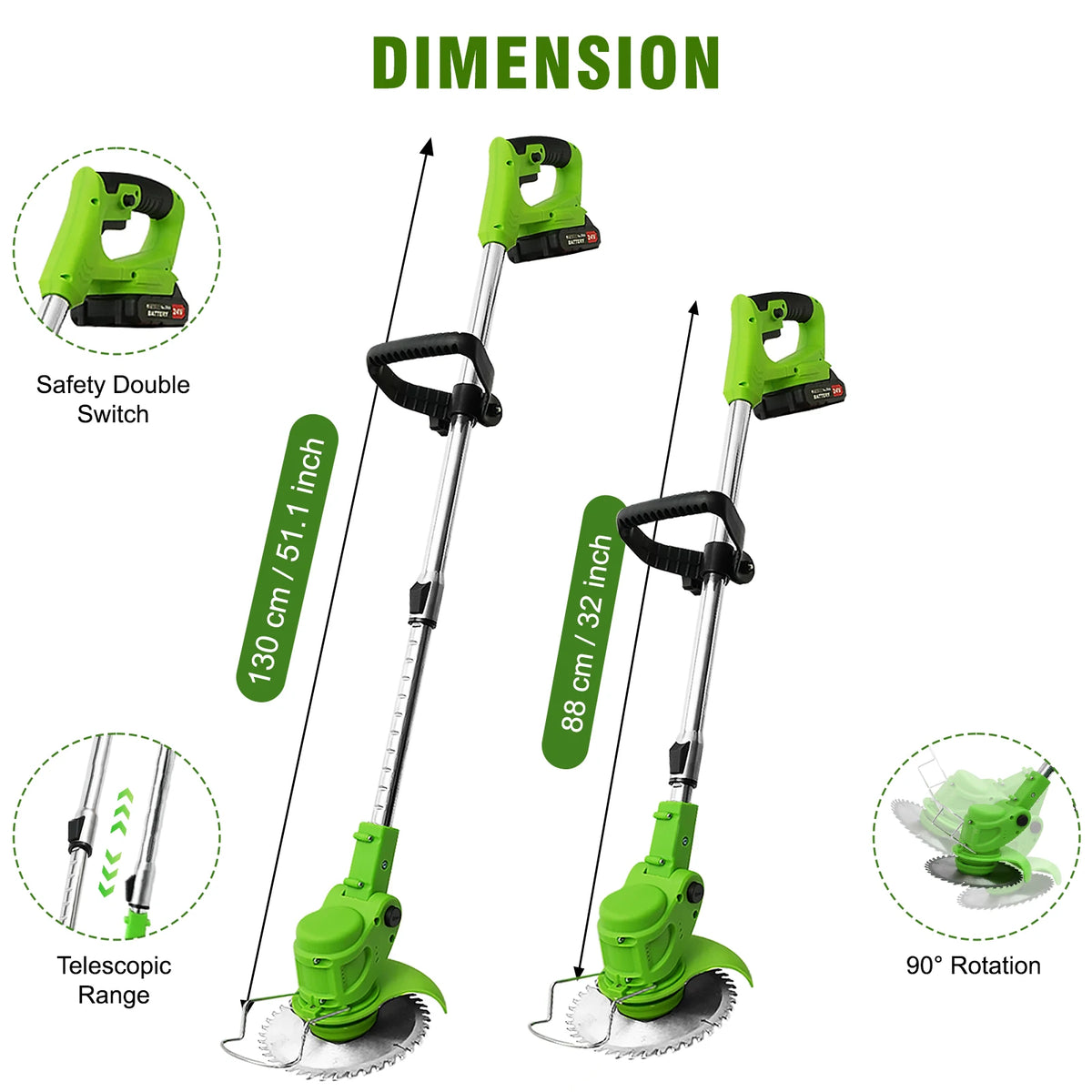 A green cordless electric lawn mower and string trimmer with a telescopic handle, showing safety switch and 90 degree rotatio