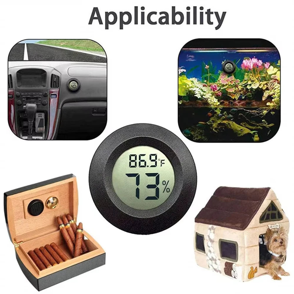 A mini digital hygrometer thermometer showing a temperature of 86.9°F and 73% humidity, displayed in various contexts.