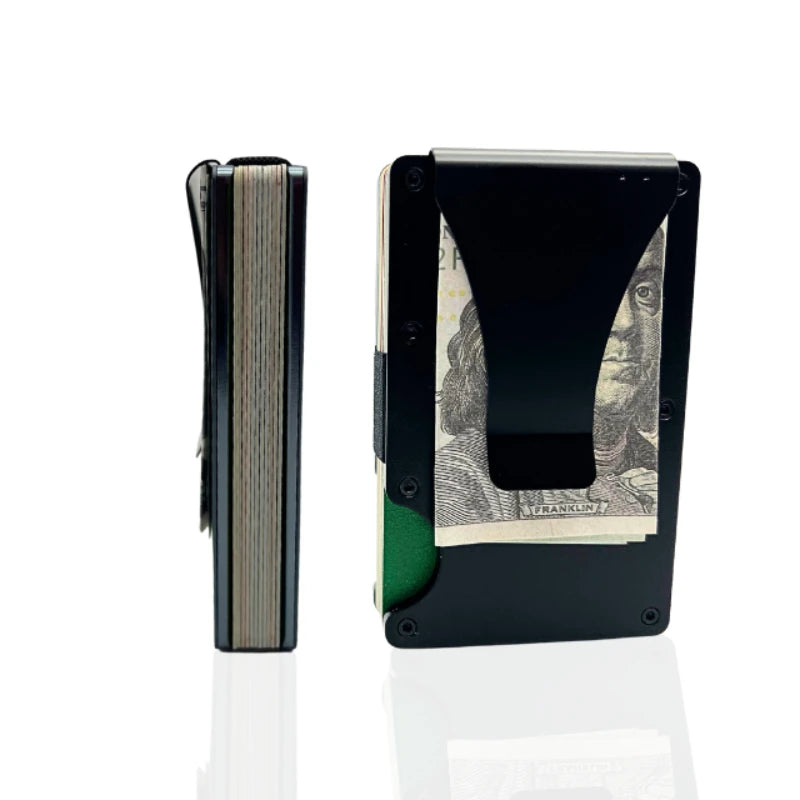 A black slim aluminum wallet with a money clip and a portrait of Franklin Roosevelt on the cover.