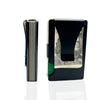 A black slim aluminum wallet with a money clip and a visible US banknote inside.