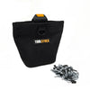 Black heavy duty electrician tool pouch with an orange strap and a pile of metal screws.