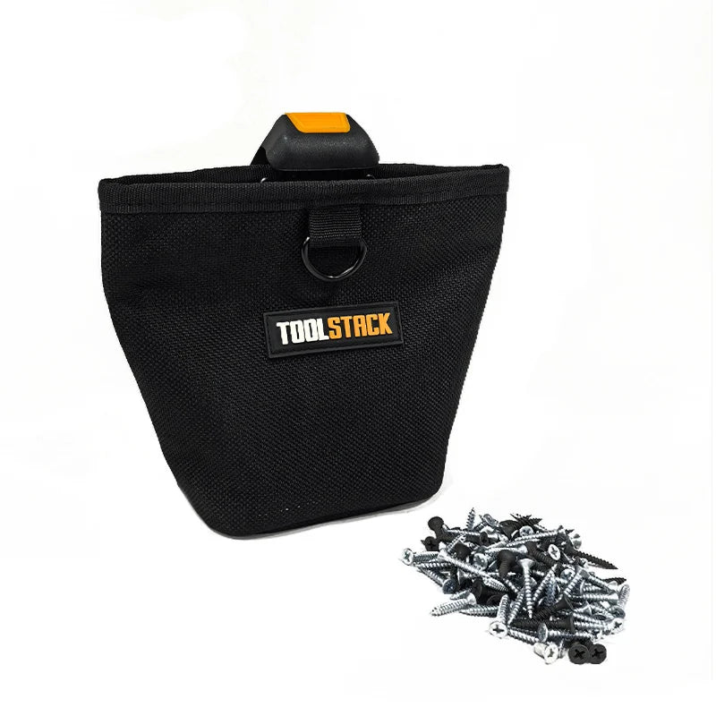 Black heavy duty electrician tool pouch with an orange strap and a pile of metal screws.