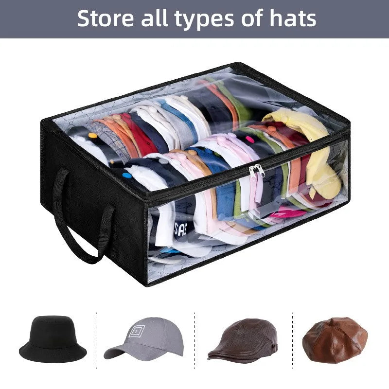 A black collapsible storage box filled with various types of hats, including fedoras and caps.