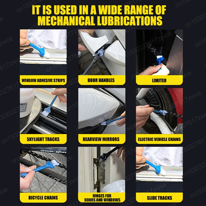 A collection of blue lubricant grease used for various mechanical applications like window strips, door handles, limiters, an