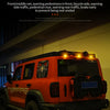 An orange Jeep-like vehicle with a custom front grille design and mounted strobe lights is shown.