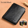 A black tri-fold leather card holder wallet shown on a brown surface.