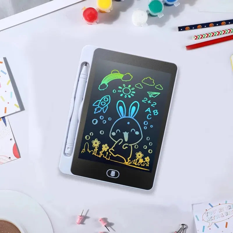 A white 6.5-inch LCD writing tablet for kids displaying colorful drawings and letters on a white surface.
