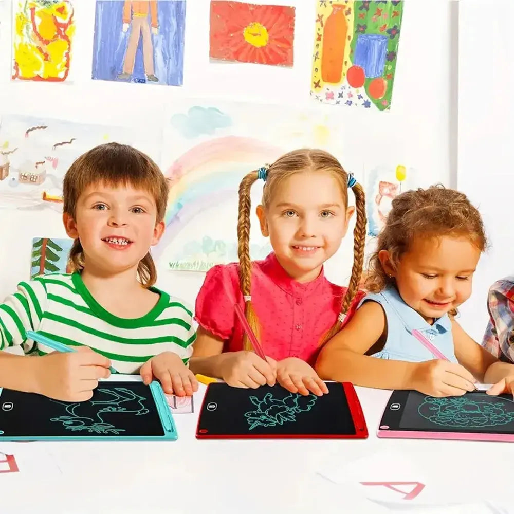 Three young children are writing on an LCD tablet in a classroom setting.