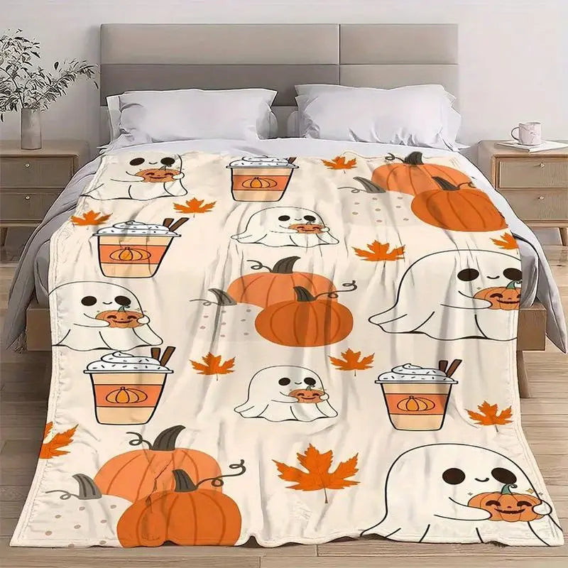 A beige flannel throw blanket featuring a pattern of white and orange pumpkins and maple leaves.