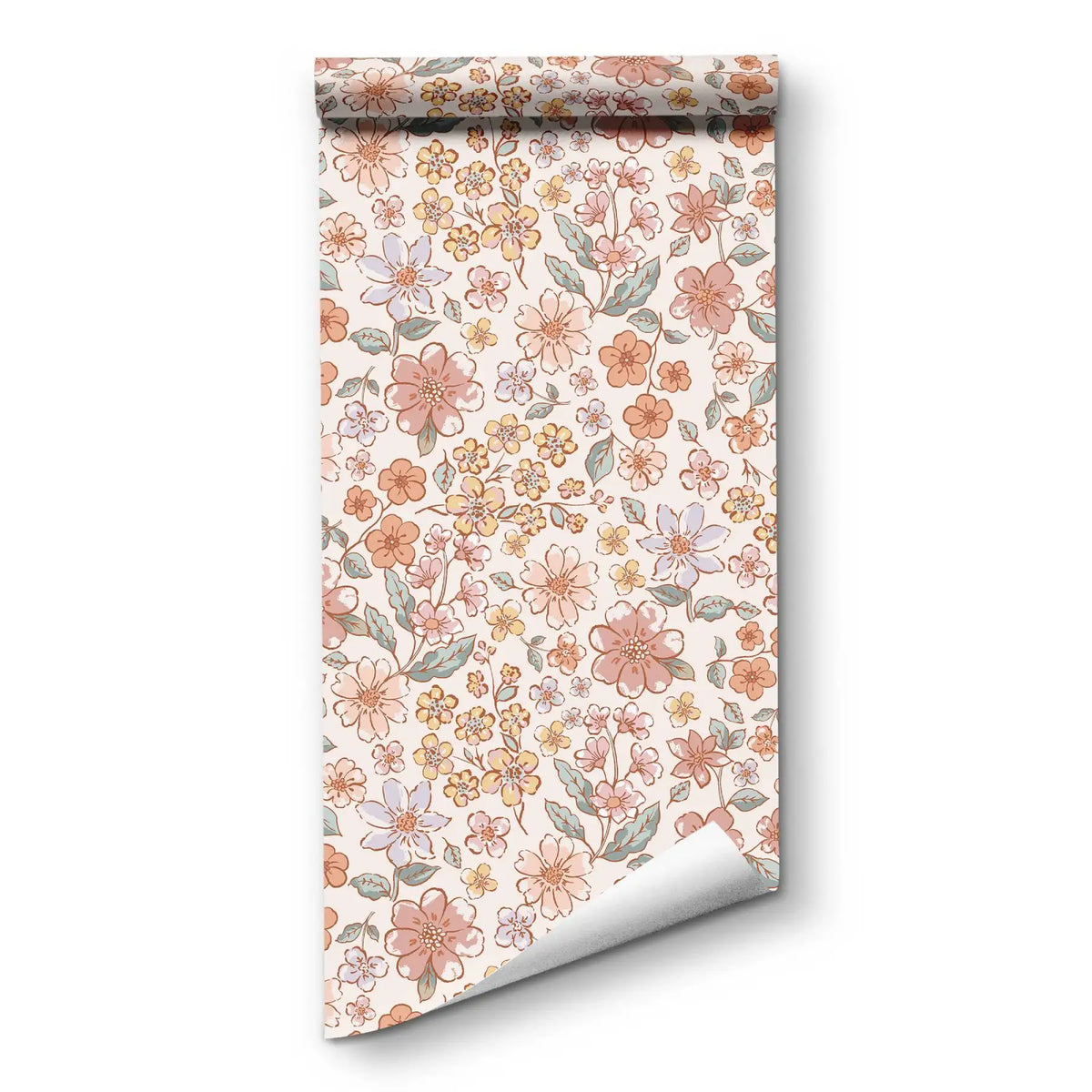 Roll of vintage floral peel-and-stick wallpaper featuring soft pink, peach, and yellow flowers on a cream background