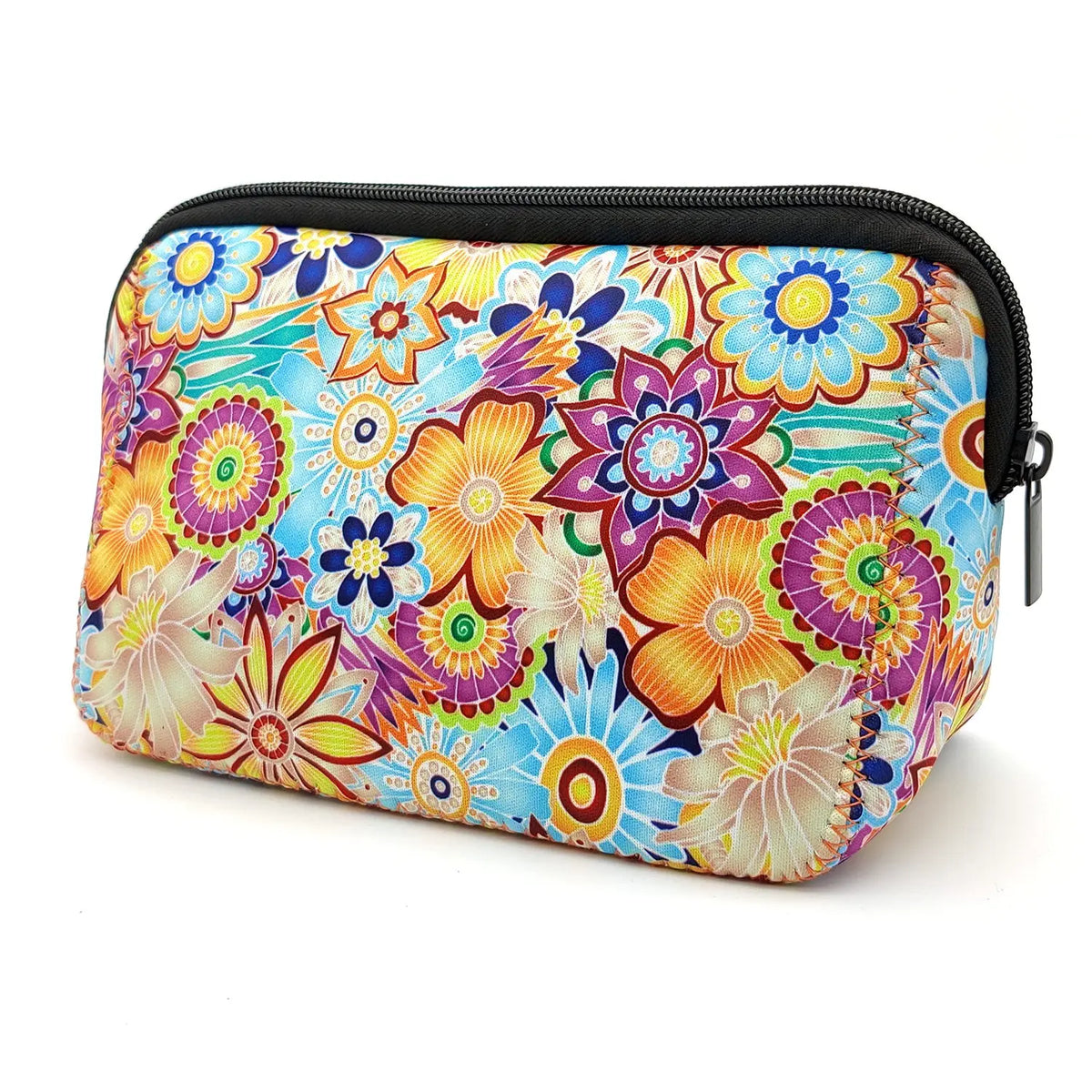 A colorful floral patterned waterproof neoprene cosmetic bag with a black zipper.