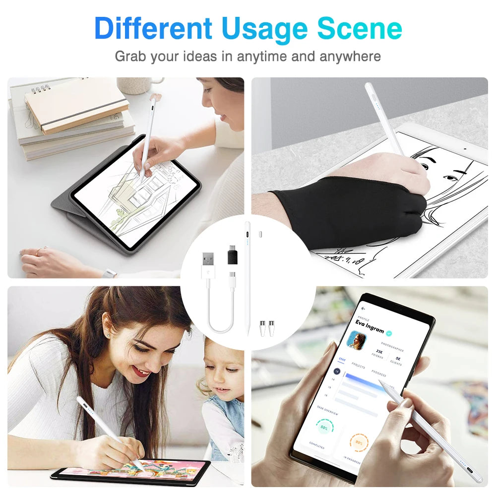Una mano usa un lápiz stylus de precisión para dibujar en una pantalla de iPad en un entorno creativo.