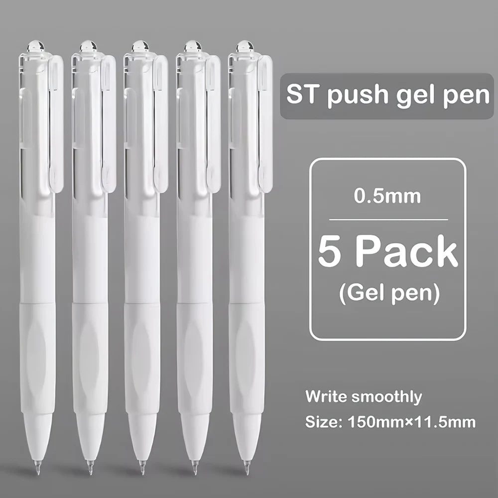 A set of five white ST push gel pens with 0.5mm fine points and a 150mm length.