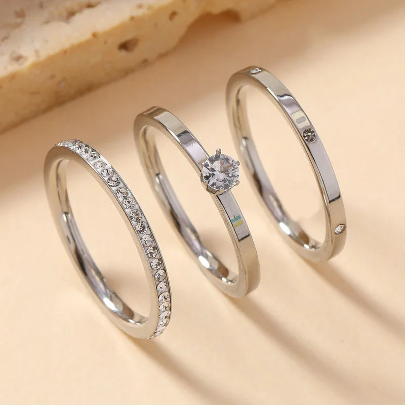 Three-Piece Stainless Steel Zircon Ring Set