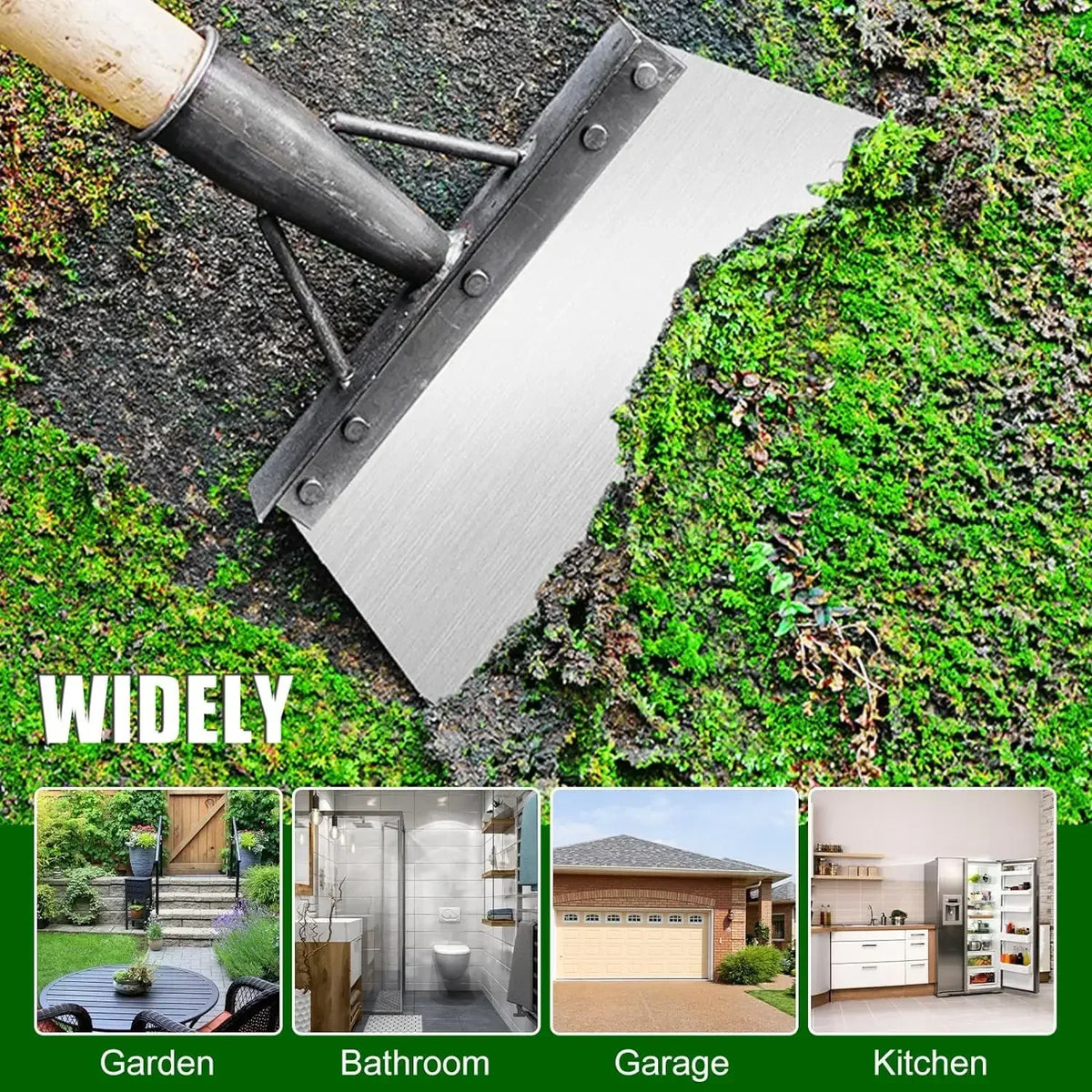 A silver cleaning shovel is shown scraping moss and debris from a green garden wall.