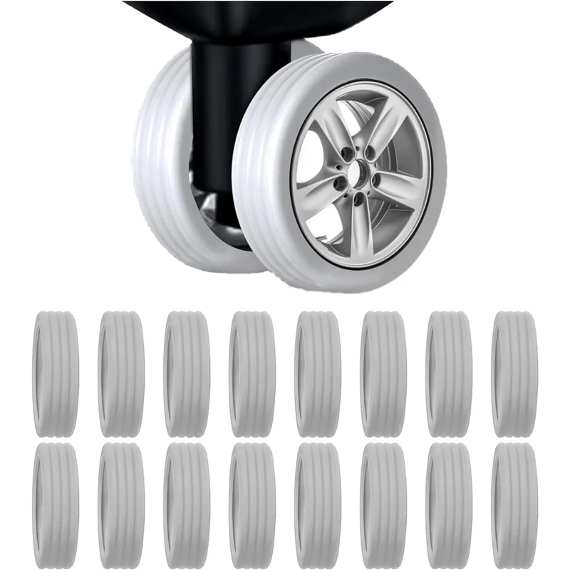A set of four silicone suitcase wheel protectors designed to cover and protect caster wheels.