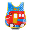 A colorful, wipeable baby bib shaped like a red bus with a catch-all pocket for weaning toddlers.