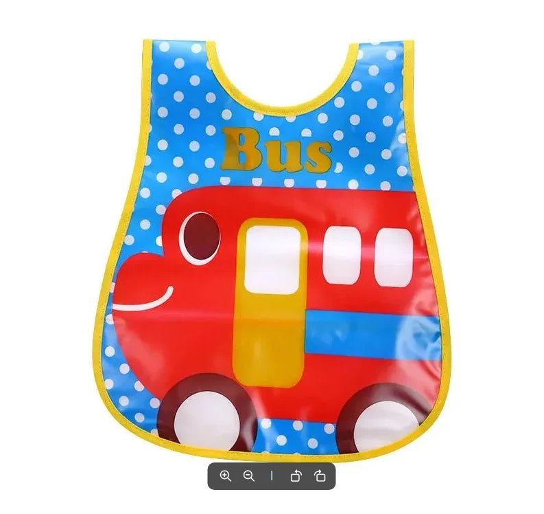 A colorful, wipeable baby bib shaped like a red bus with a catch-all pocket for weaning toddlers.