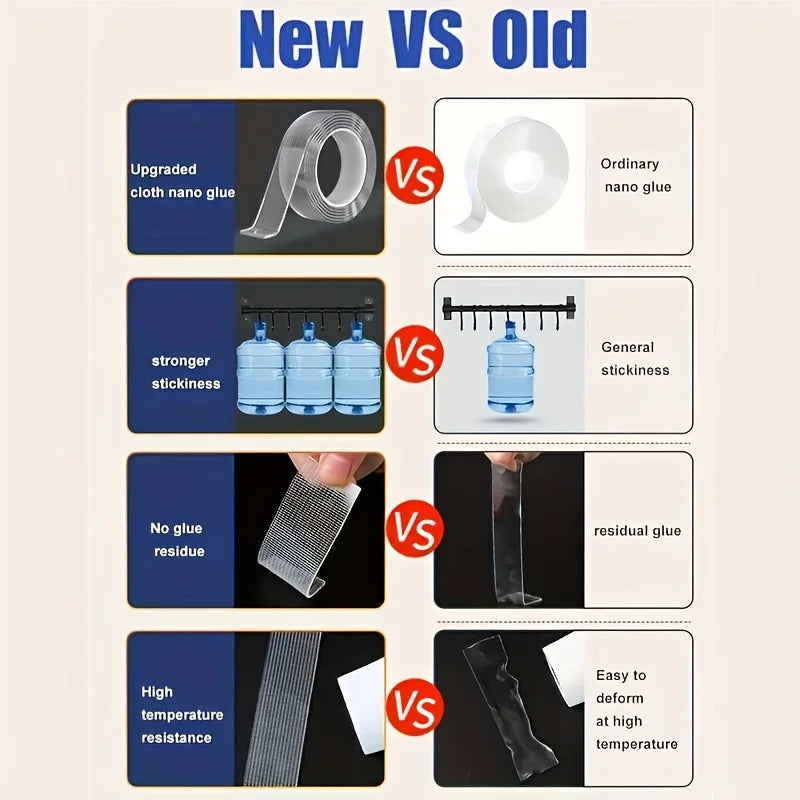 Comparison chart showing new vs old tape features including strength, residue, and temperature resistance