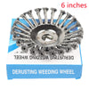 A blue box containing a 6 inch derusting weeding wheel for garden tools.