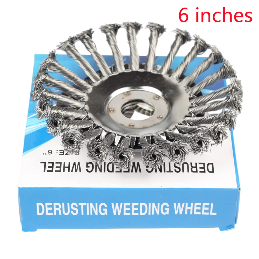 A blue box containing a 6 inch derusting weeding wheel for garden tools.