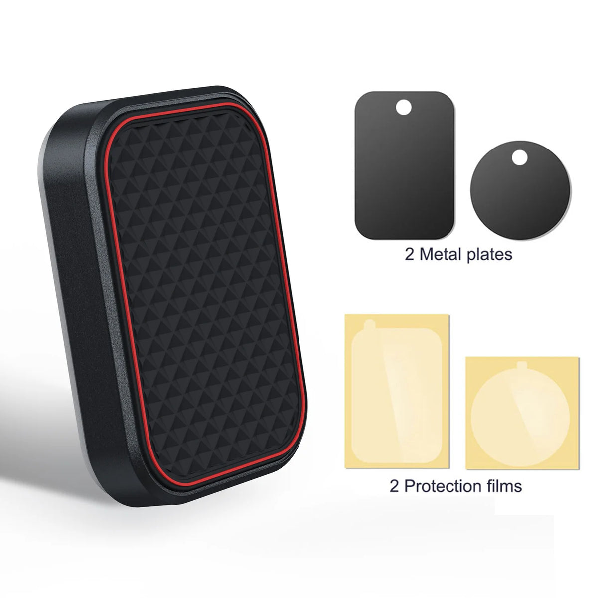 Support magnétique noir fin pour téléphone de voiture avec deux plaques métalliques et deux films de protection
