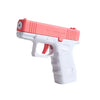 A pink and white high-capacity water blaster pistol is shown against a white background.