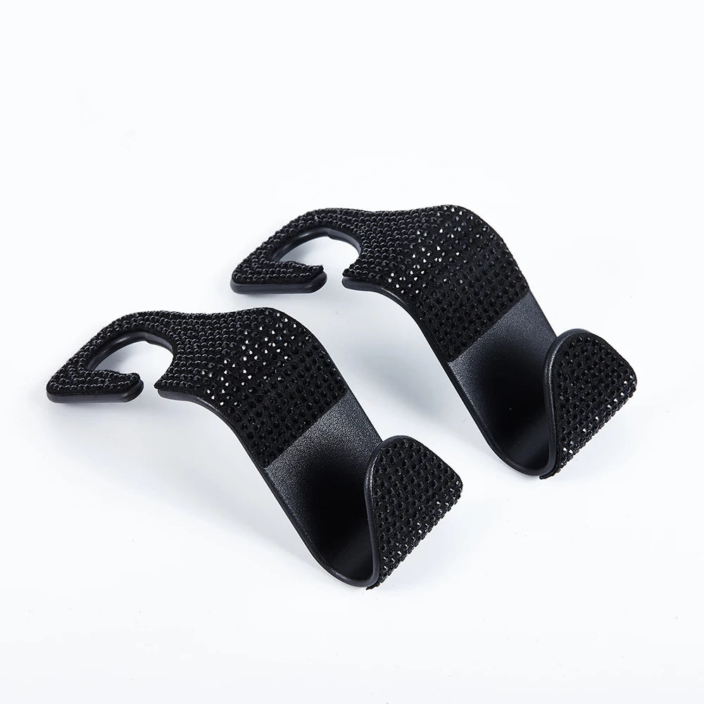 Black car seat storage hook set with crystal diamond accents