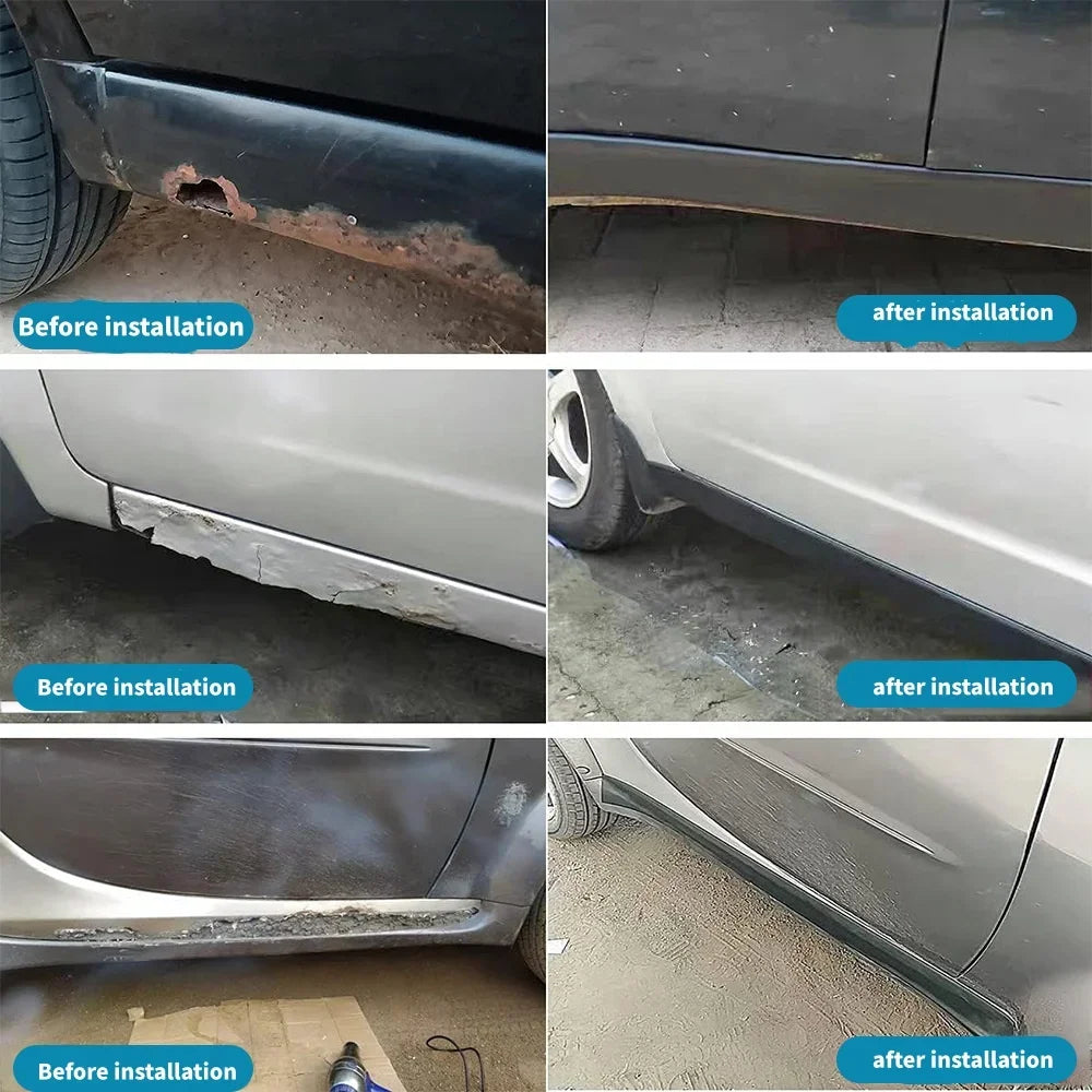 Comparison images showing the before and after installation of a self-adhesive car door edge protector strip on a vehicle.