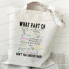 A white canvas tote bag featuring various mathematical formulas and equations printed in black ink.
