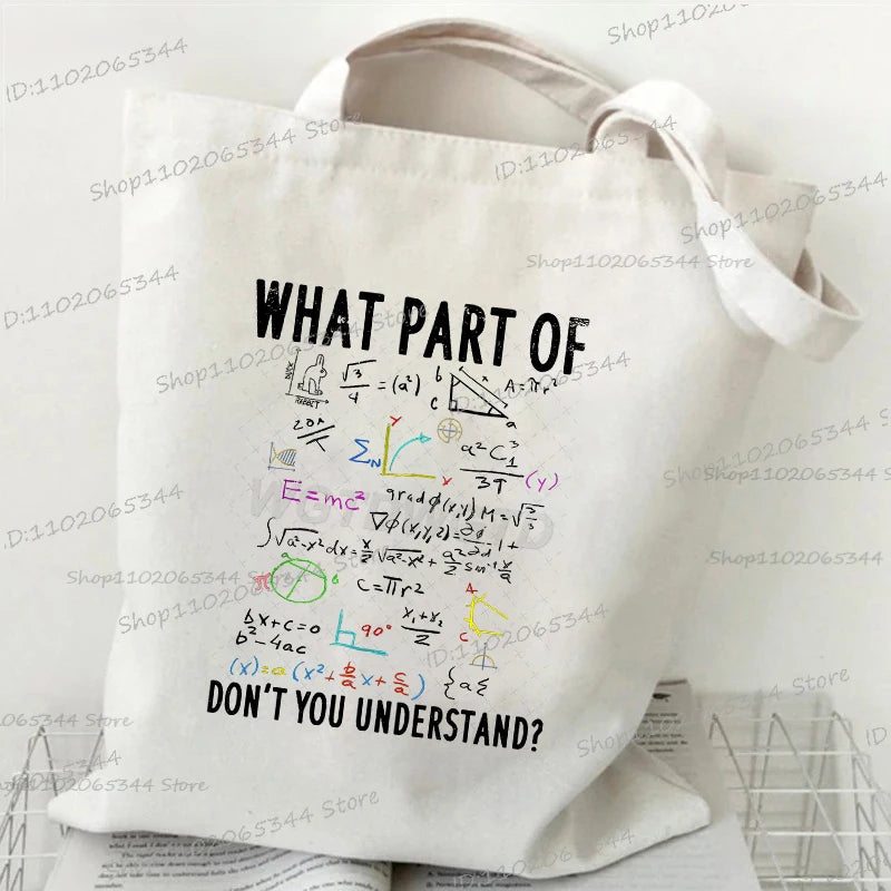 A white canvas tote bag featuring various mathematical formulas and equations printed in black ink.
