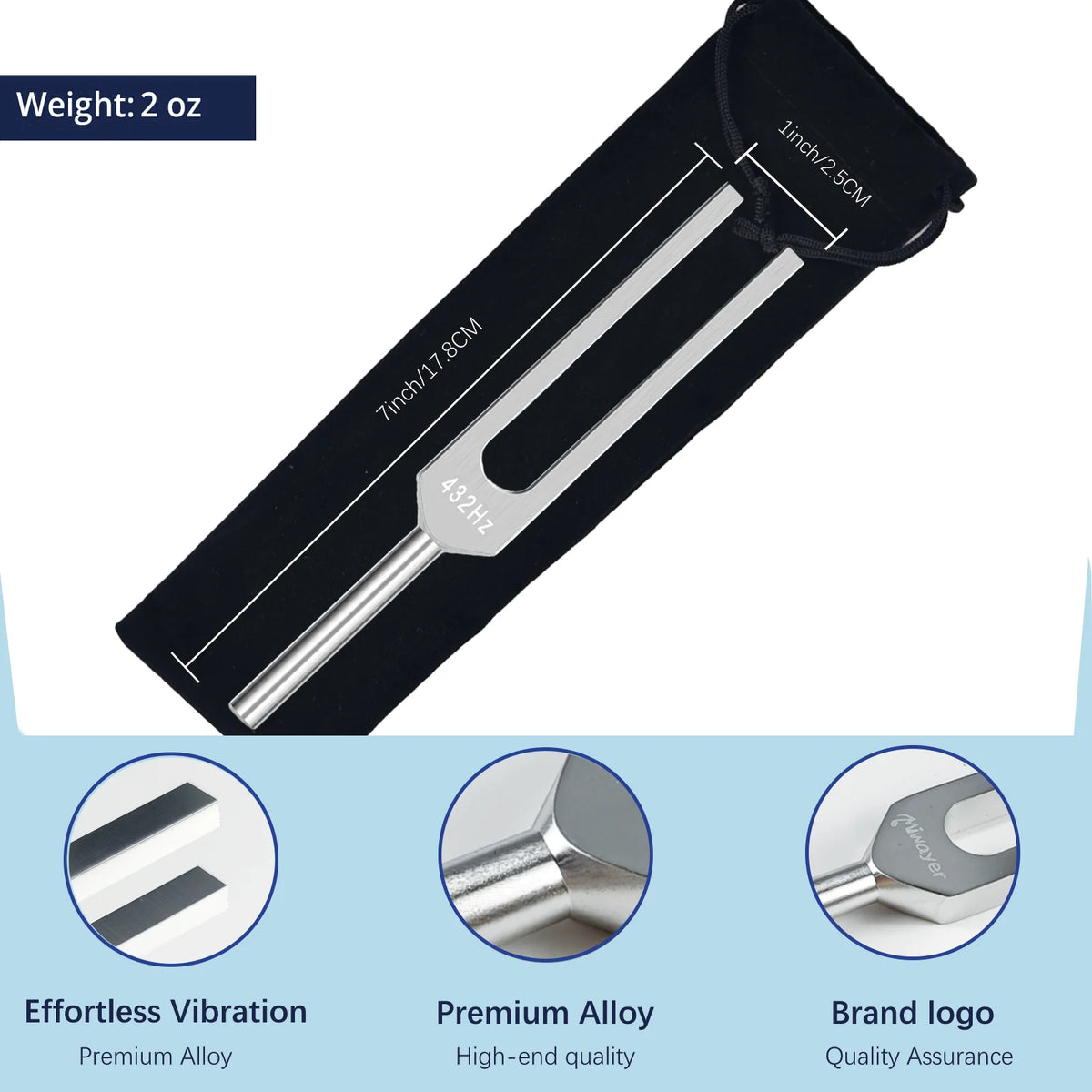 A tuning fork set featuring a metal fork, mallet, and storage bag, highlighting effortless vibration, premium alloy, and bran