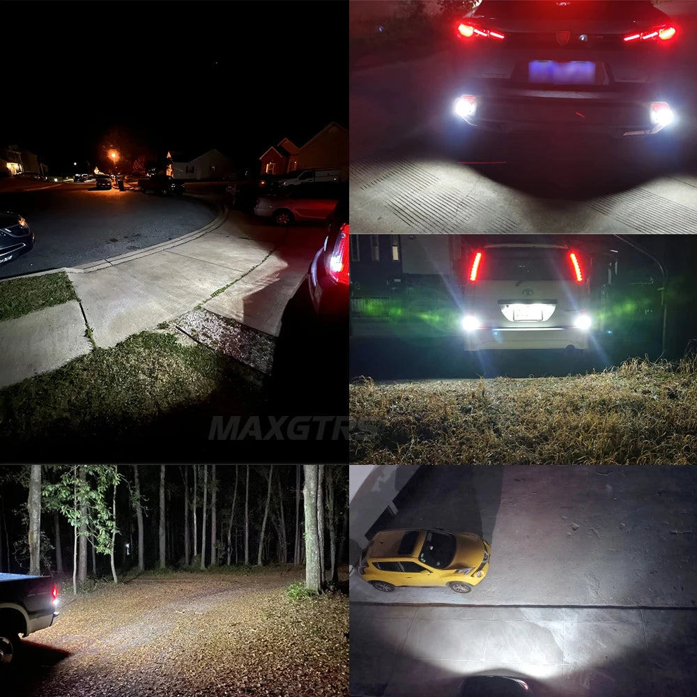 A collage showing various vehicle lighting, including headlights, taillights, and reverse lights, demonstrating CANBus LED bu