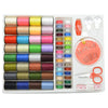 A sewing thread kit with 64 colors of thread stored in a portable case, featuring spools and scissors.