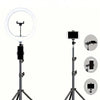 A tripod kit for a 10-inch ring light, showing the light, mounting hardware, and remote control options.
