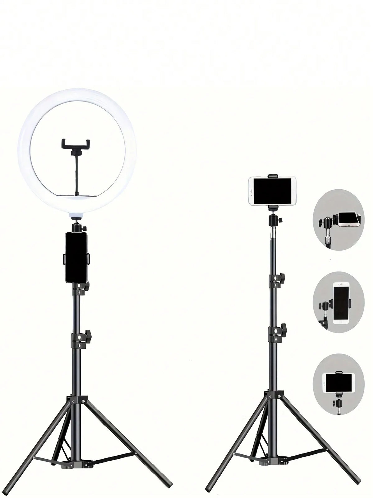 A tripod kit for a 10-inch ring light, showing the light, mounting hardware, and remote control options.