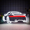 A glowing white neon sign shaped like a sports car with a red stripe, displayed on a light surface.