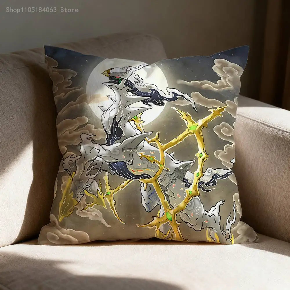 A decorative cushion cover featuring a stylized illustration of Monster Hunter Rathalos and Nargacuga against a moonlit backg