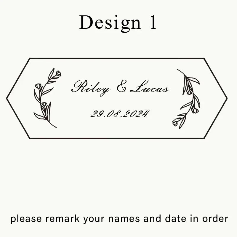 Design 1 featuring a rectangular engraved box with floral elements and the names Riley & Lucas and the date 29.08.2024