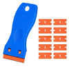 Blue plastic razor scraper with ten replacement orange blades.