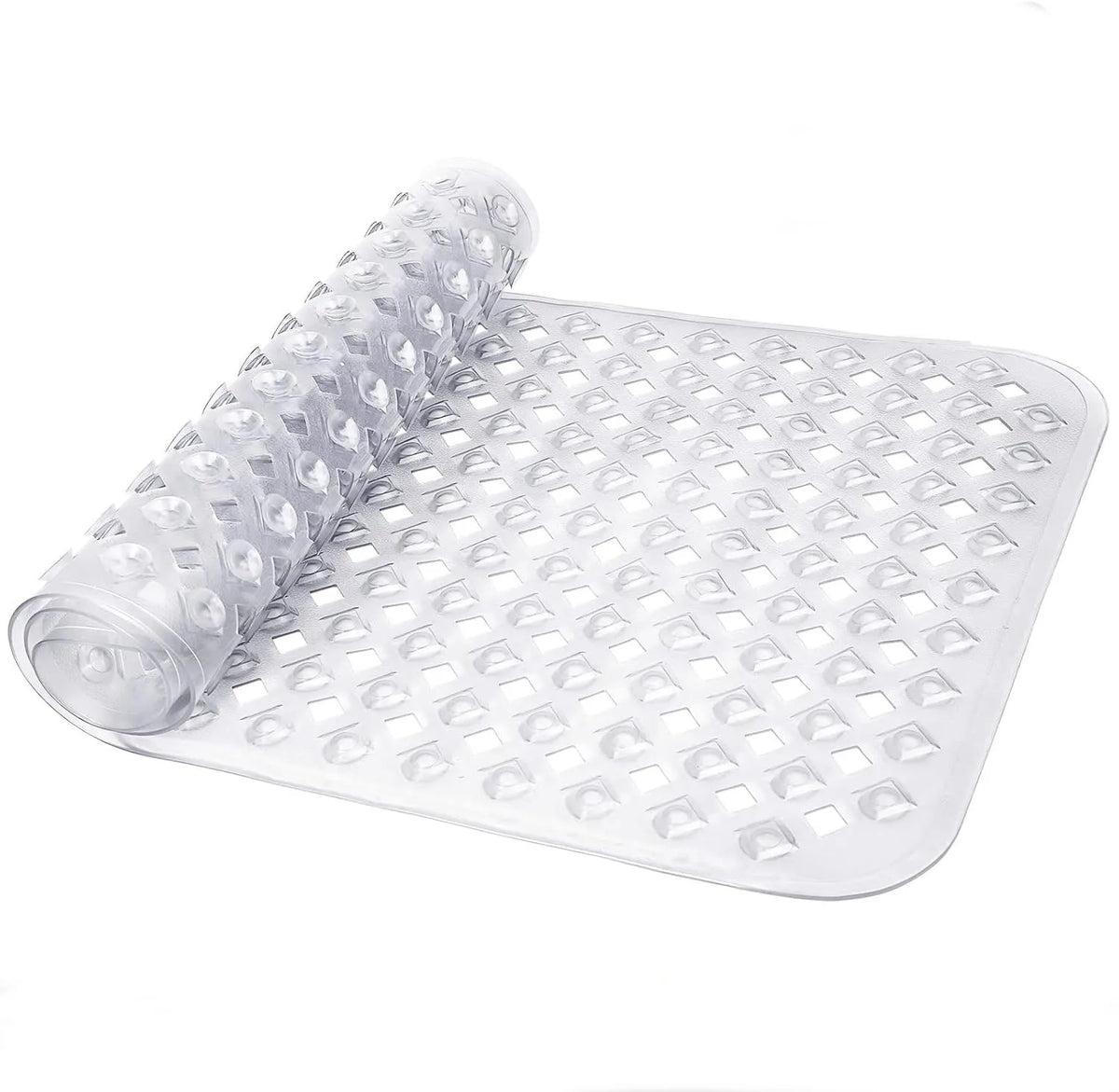 Clear non-slip bathtub mat with suction cups and a roll of mats
