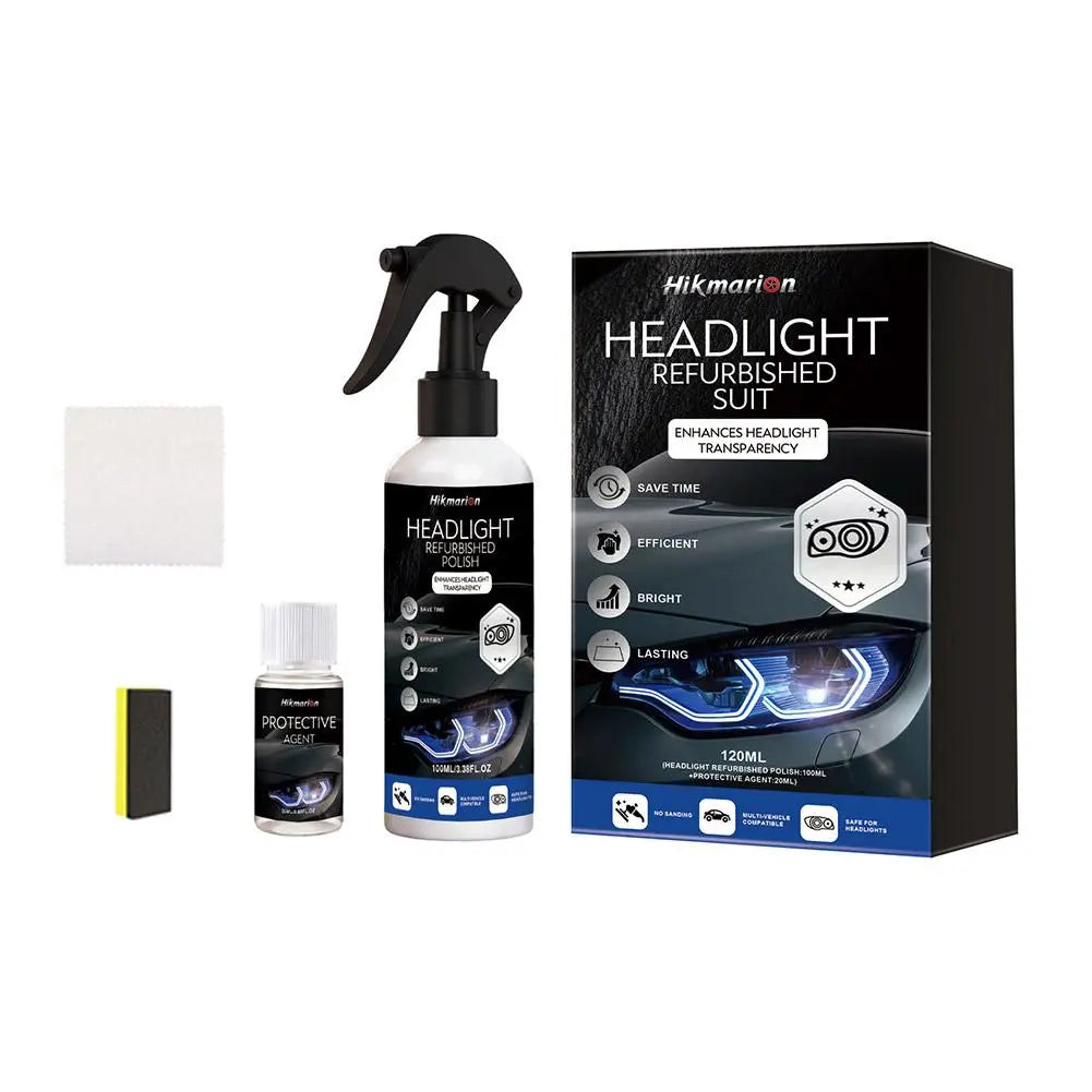 A black bottle of headlight polish and a box for the Hikmarion Headlight Refurbished Suit kit.