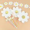 White daisy flower disposable party tableware set with a banner decoration