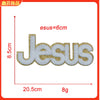 A gold glitter Jesus patch measuring 6cm in height and 20.5cm in length, used for embroidery or iron-on applications.