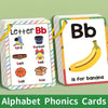 A set of alphabet phonics cards showing letter Bb and associated vocabulary like bird, bucket, belt, ball, and banana.