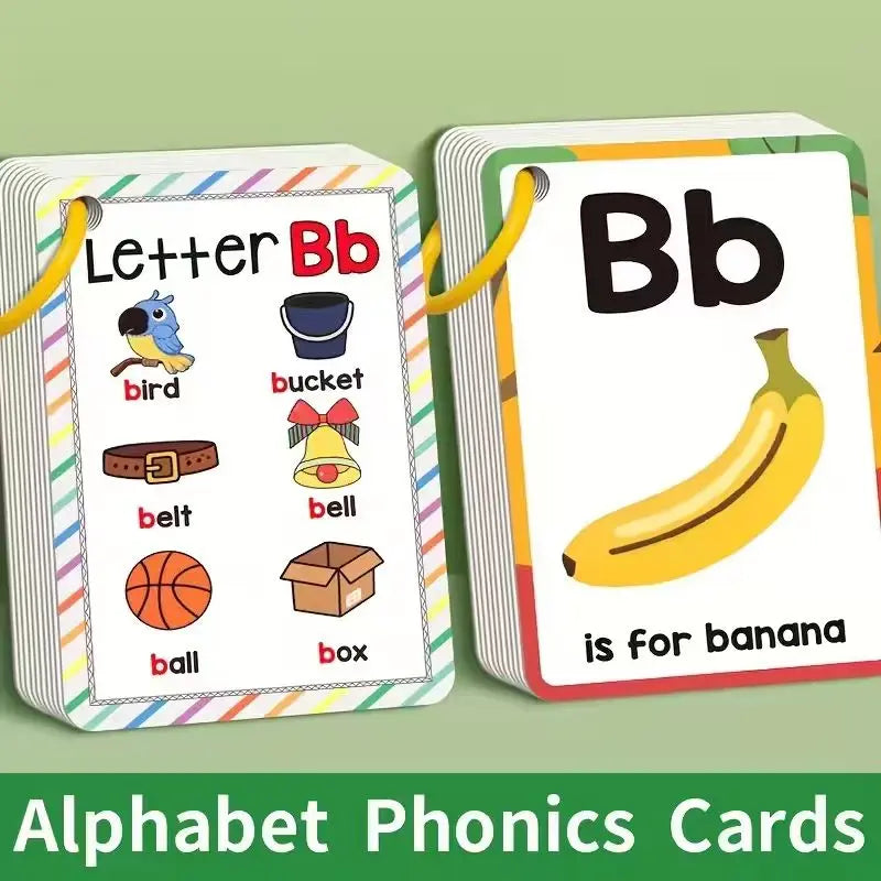 A set of alphabet phonics cards showing letter Bb and associated vocabulary like bird, bucket, belt, ball, and banana.
