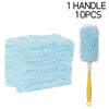 One handle of a light blue fuzzy electrostatic duster with ten disposable refills.