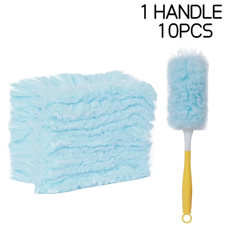 One handle of a light blue fuzzy electrostatic duster with ten disposable refills.