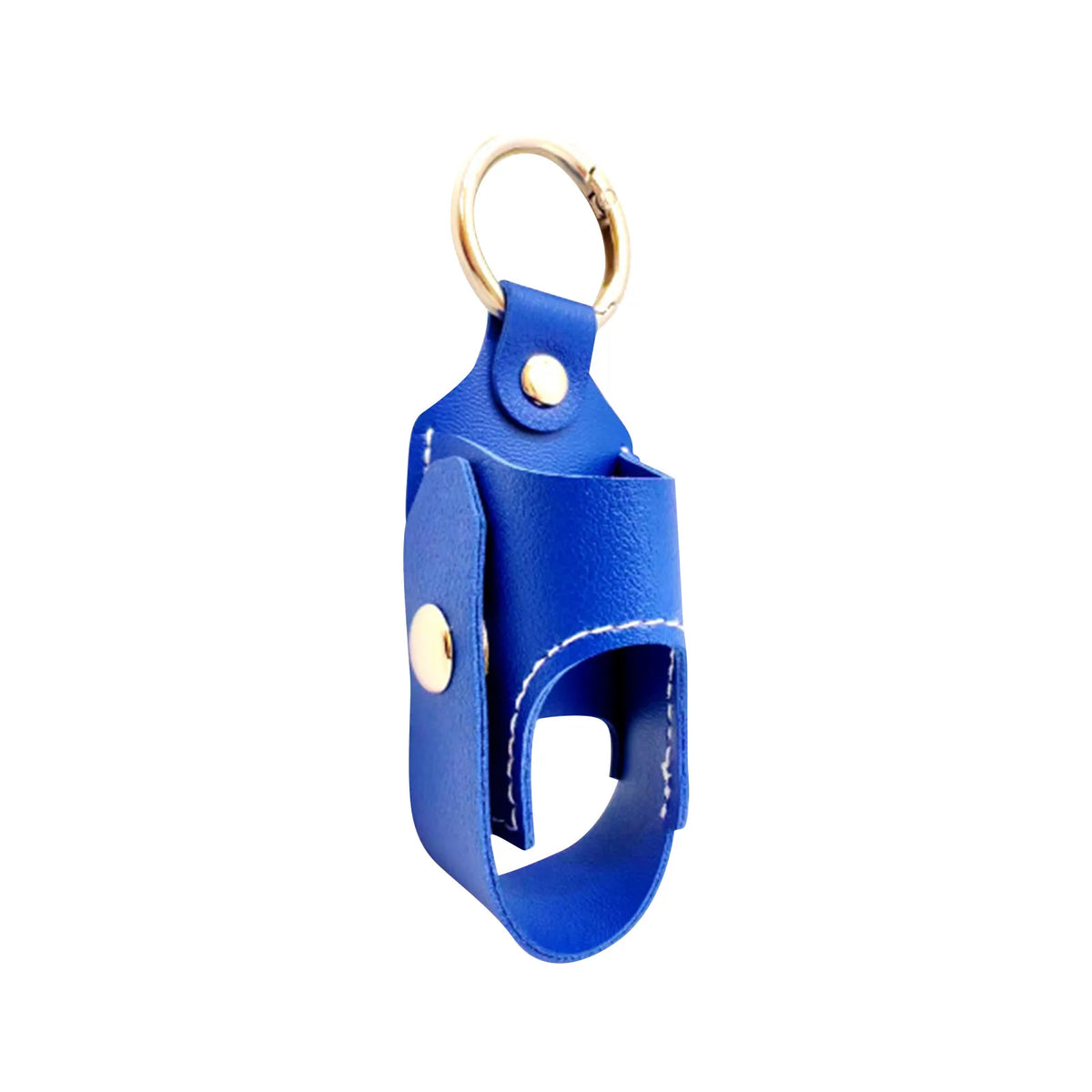 A blue PU leather inhaler case with a gold-colored keychain ring.